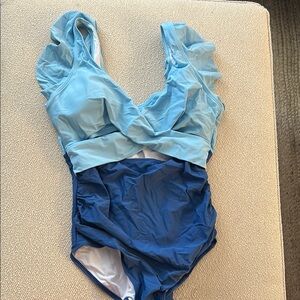 Blue Ruffled One Piece Swimsuit with Plunging V-Neckline